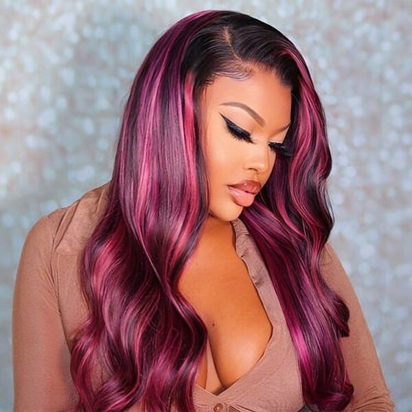 Purple Highlights Body Wave 13x4 Transparent Lace Front Wig 180% Density - Image 5